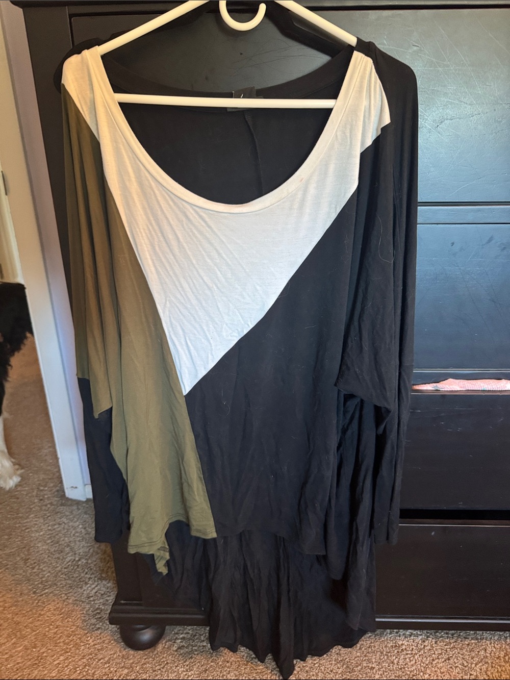 City Chic Long Sleeve Asymmetric Colorblock tunic- Black, Olive & White